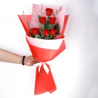 6 roses bouquet in red & white wrapping