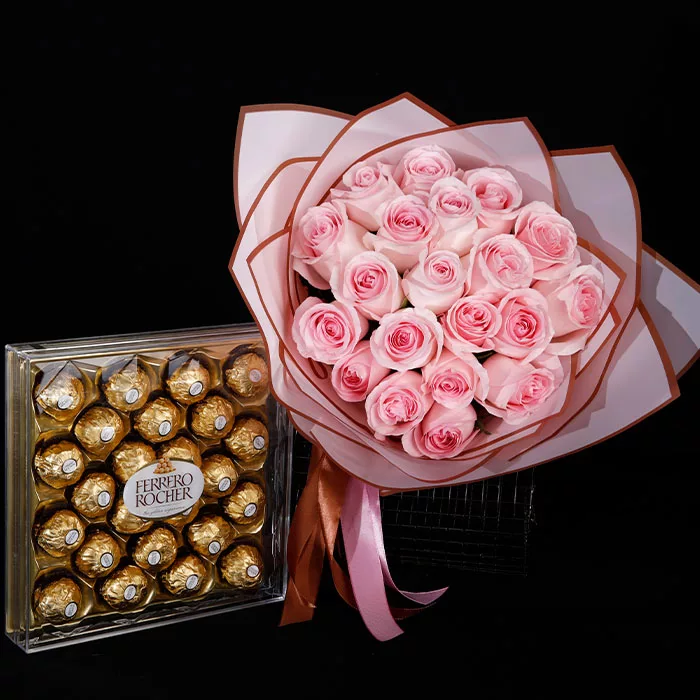 20 pink roses with 24pcs ferrero jpg