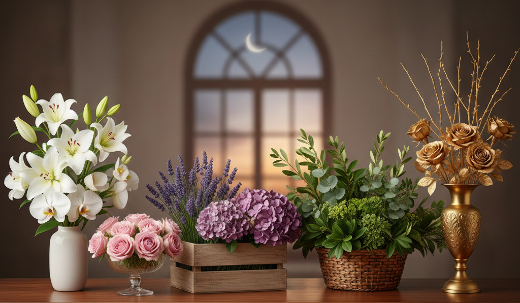 Elegant Ramadan floral arrangement featuring white, soft pink, and lavender flowers symbolizing peace and serenity