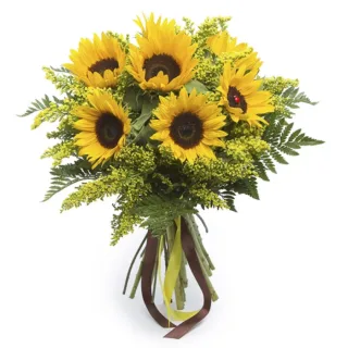 A bouquet of bright yellow sunflowers with greenery and a brown ribbon.