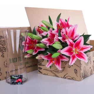 A vibrant bouquet of Stargazer Pink lilies presented in a cardboard box with a matching glass vase.