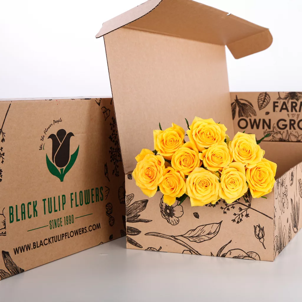 Rose Yellow Bunch of 10 stem yellow roses in a brown box accompanied by flower food.
