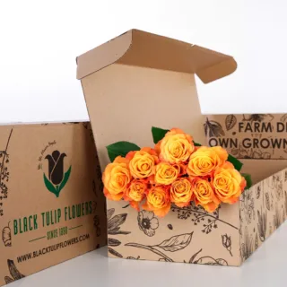 10 stems of orange roses in a brown box with flower food.