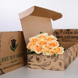 Bunch of 10 stem peach roses in a brown box.