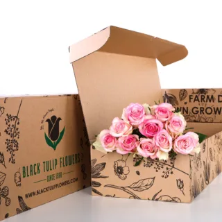 10 Stems of Rose Pink Double Color with Flower Food in a brown box.