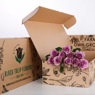 10 stem purple roses in a brown box to make any DIY arrangement.