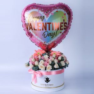 Nostalgic Pink with Happy Valentine Day Balloon by Black Tulip Flowers