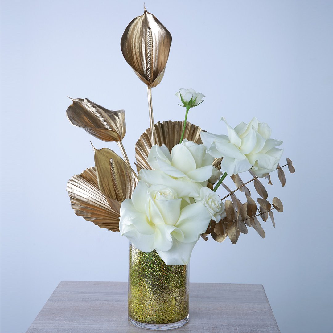 Pure and Gold glass vase arrangement by Black Tulip Flowers