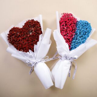 Rare Duo bouquet composed with of sprayed gypsophila in heart shape by Black Tulip Flowers.