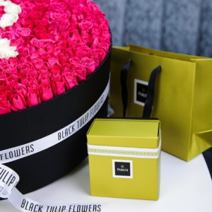 Ravishing Round Arrangement with Patchi by Black Tulip Flowers