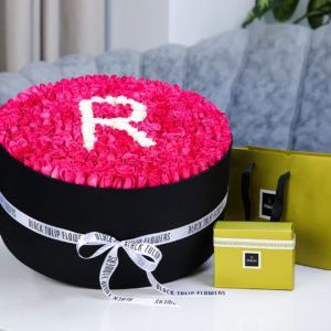 Ravishing Round Arrangement with Patchi by Black Tulip Flowers