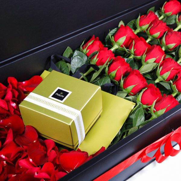 Romantic Trio with Patchi by Black Tulip Flowers