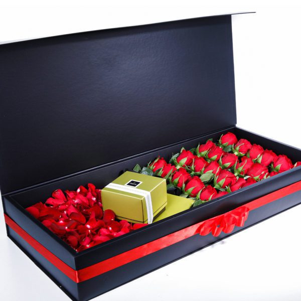 Romantic Trio with Patchi by Black Tulip Flowers