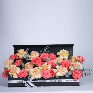 Peach and Sweet Surprise flower box by Black Tulip Flowers