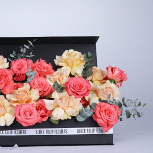 Peach and Sweet Surprise flower box by Black Tulip Flowers