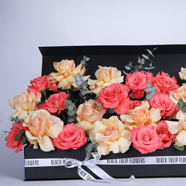 Peach and Sweet Surprise flower box by Black Tulip Flowers