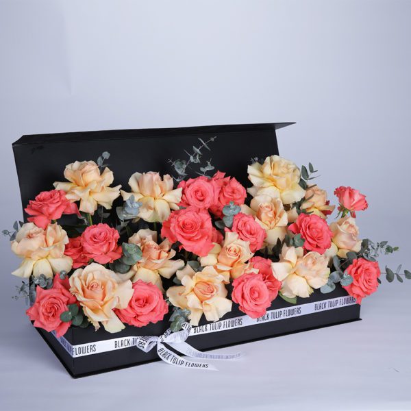 Peach and Sweet Surprise flower box by Black Tulip Flowers