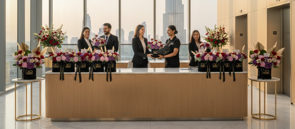 Corporate flower gifts arranged for International Women’s Day in Dubai office