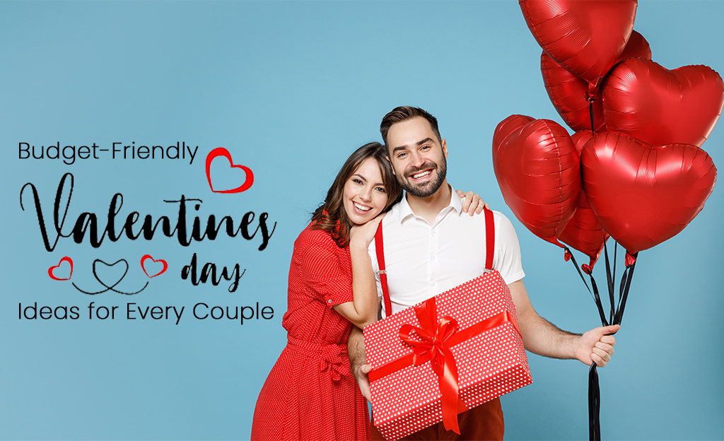 A Valentine's Day-themed image with a heart-shaped arrangement of red roses. The arrangement is placed on a wooden table with a small gift box and a card that says "Budget-Friendly Valentine's Day Ideas for Every Couple."