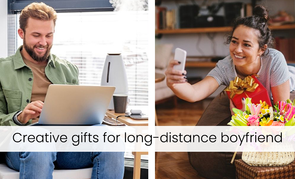 A man sitting on a stool, using a laptop to video chat with his girlfriend on her phone.