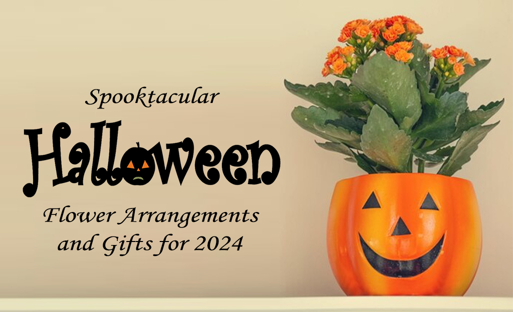 A Halloween-themed image with a pumpkin-shaped vase filled with orange flowers, and text that says "Spooktacular Halloween Flower Arrangements and Gifts for 2024.