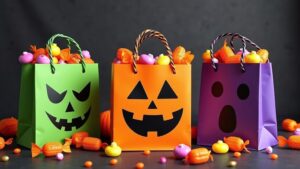 Three Halloween-themed paper bags with jack-o'-lantern faces, filled with colorful candies