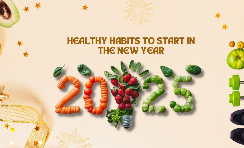 healthy habits for the new year. The numbers "2025" are formed using various fruits and vegetables, symbolizing healthy eating. There are also dumbbells and sneakers in the image, representing physical activity. The background has a festive feel with fireworks and stars.