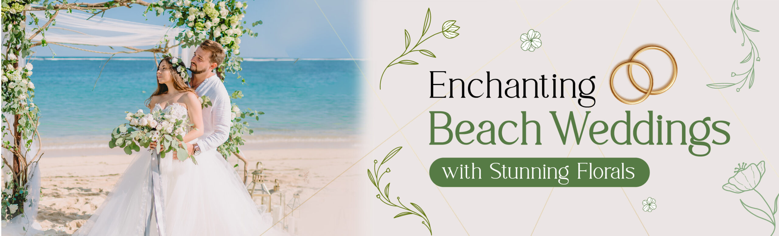 A newlywed couple posing on the beach wedding venue, beautifully decorated with flowers.