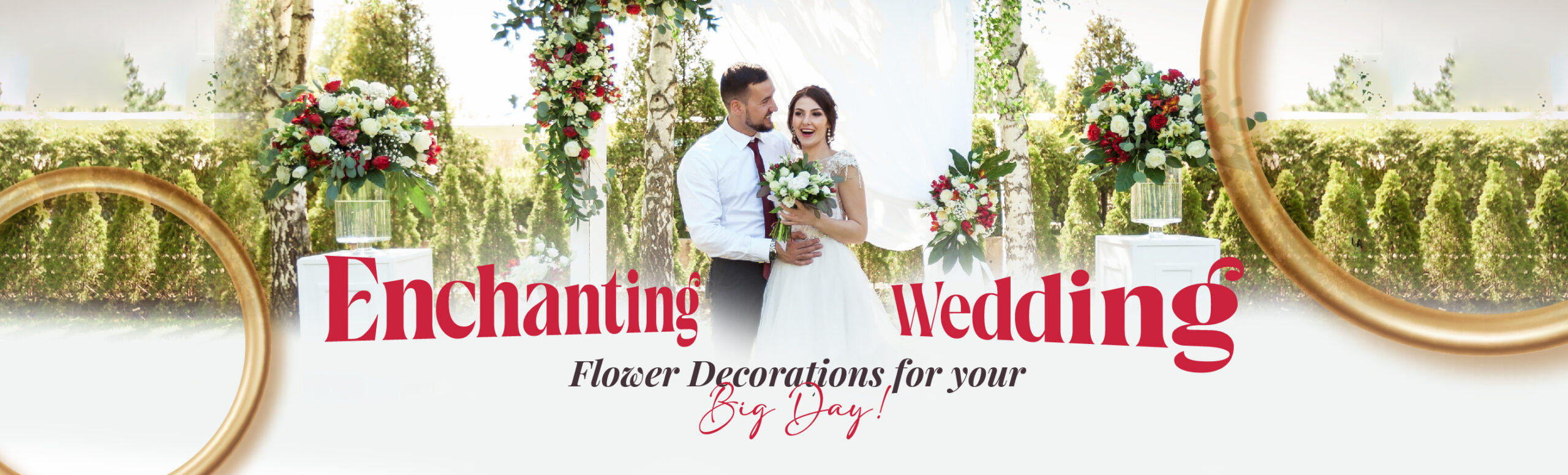 A newlywed couple posing in front of their grand wedding flower decorations.