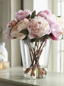 peonies in a clear glass vase