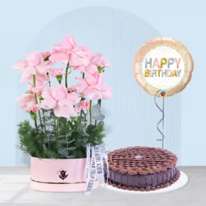 Pink rose arrangement in a round pink box with cake and birthday balloon