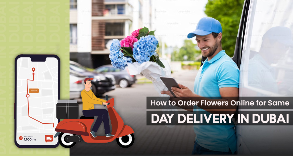 A courier holding a fresh flower bouquet near a doorstep, symbolizing fast same-day flower delivery service.