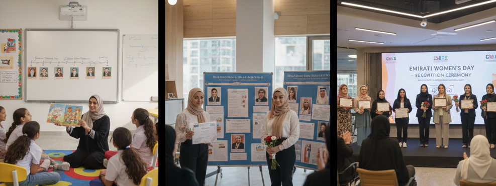 Students and professionals celebrating Emirati Women’s Day with cultural activities, honoring women’s achievements and empowerment