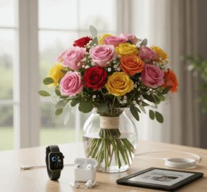 Tech Gadgets with Mixed Bouquets