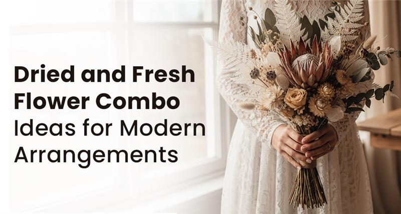 Stylish modern flower arrangement featuring a mix of dried and fresh blooms in neutral tones, blending textures for a contemporary look.