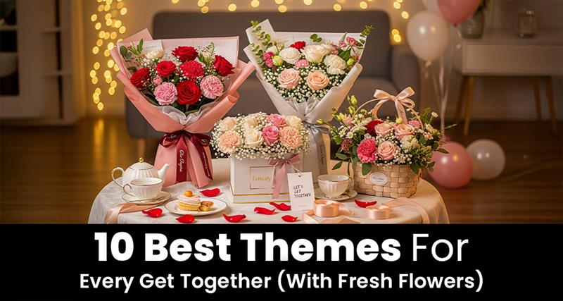 Ten best get-together themes featuring fresh flowers and stylish floral arrangements.
