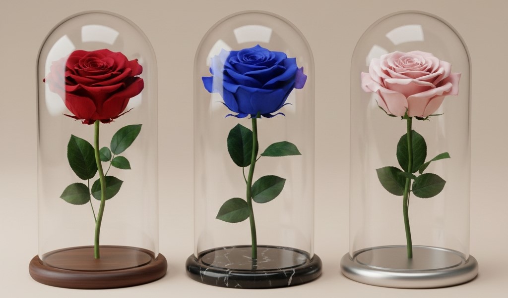 Comparison of three types of forever roses including real preserved, hybrid, and artificial roses.