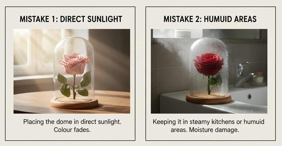 Common care mistakes such as moisture, sunlight, and harsh cleaners that damage forever rose domes.