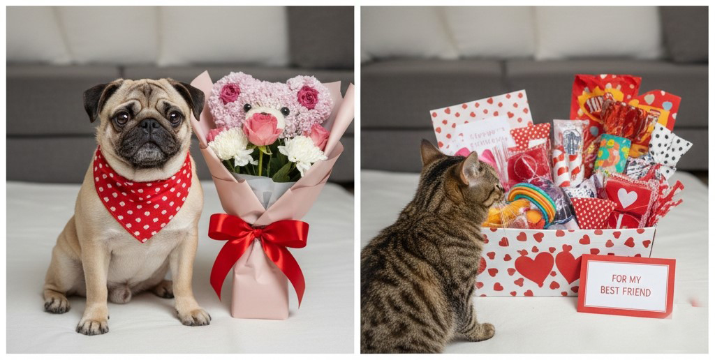 Valentine’s Day image featuring pets receiving love, gifts, and treats as part of modern Valentine’s Day celebrations.