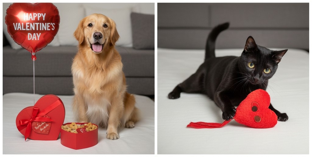 Valentine’s Day image featuring pets receiving love, gifts, and treats as part of modern Valentine’s Day celebrations.