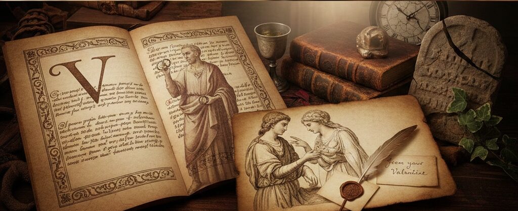 Valentine’s Day origins graphic highlighting multiple saints and ancient traditions that shaped Valentine’s Day history