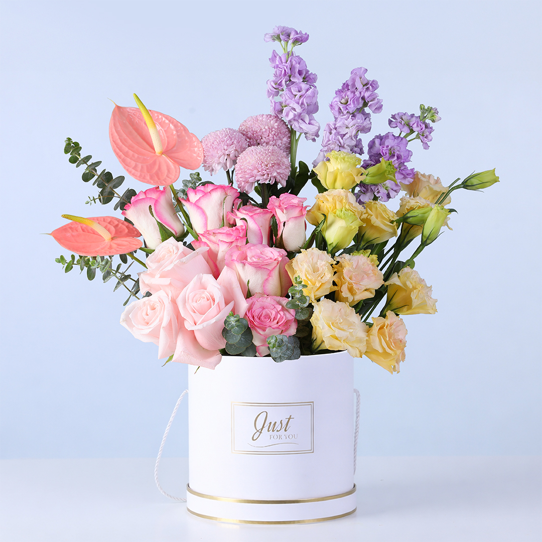 Pink Roses & Purple Matthiola Flower box | Premium Mixed Flowers