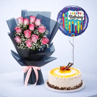 Elegant pink roses with butterscotch cake (1kg) and a decorative balloon arranged as a cheerful celebration gift set for special moments.