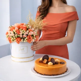 A peach rose birthday flower box with a cake placed beside as a gift combo.