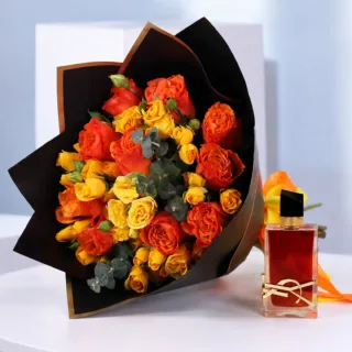 Premium perfume and flower bouquet gift set with YSL Libre Le Parfum 90ML, designed for romantic and luxury celebrations.