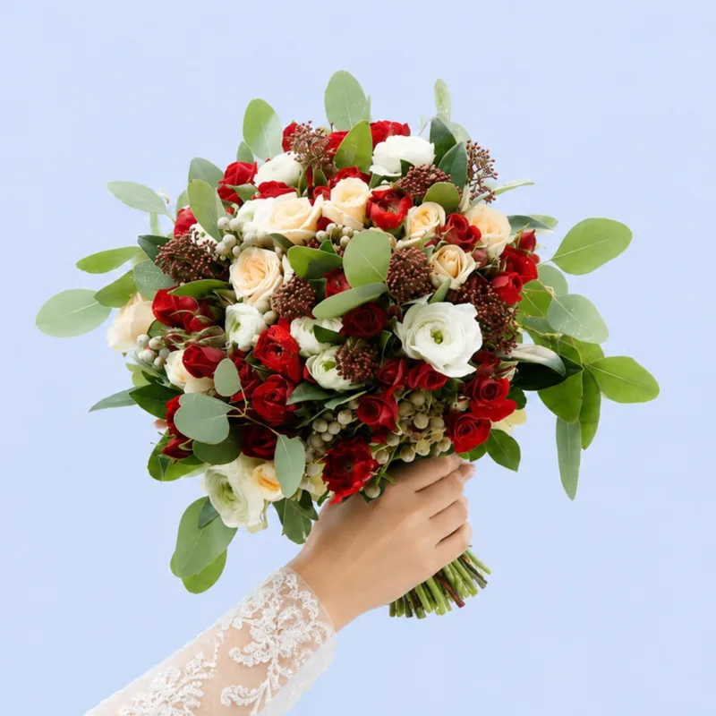 crimson-silk-bridal-bouquet Sophisticated bridal bouquet with crimson ranunculus, peach spray roses, white florals, brunia details, and layered garden-inspired foliage.