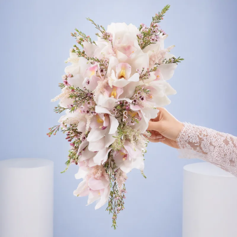 orchid-bridal-dream Handheld white orchid cascade bridal bouquet showcasing a luxurious waterfall arrangement designed for classic and contemporary weddings.
