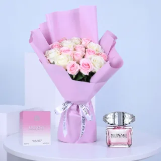 A curated perfume and flower pairing featuring Versace Bright Crystal 90ML is designed for elegant and memorable gifting.