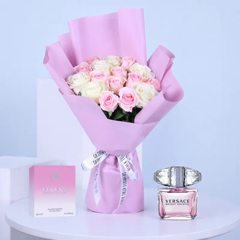 versace-bright-crystal-for-women-90ml-&-bouquet A curated perfume and flower pairing featuring Versace Bright Crystal 90ML is designed for elegant and memorable gifting.