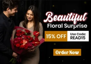 flower bouquets 15% offer banner with coupon code
